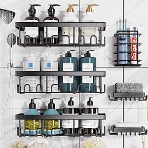 Veken 6 Pack Adhesive Shower Caddy Set, Heavy Duty Wall Mounted Shelves with Soap Dish & Toothbrush Holder, Black $11.99