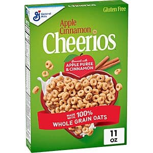 11-ounce box of Cheerios Apple Cinnamon cereal with brown and beige packaging featuring apple and cinnamon imagery.