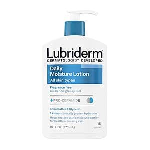 16-ounce bottle of Lubriderm Fragrance Free Daily Moisture Lotion with white label and blue accents, designed for sensitive skin.