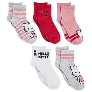 5-pack of Hello Kitty Clean Ribbed Short Ankle Socks in white with colorful character graphics, displayed as individual socks or folded pairs.