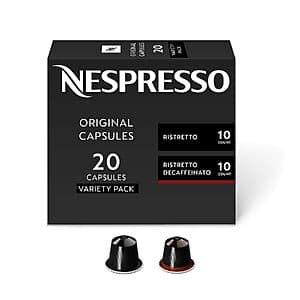 Box of 20 Nespresso Original espresso capsules with Ristretto and decaf varieties, featuring the brand's signature red and white packaging.