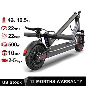 Black AOVOPRO folding electric scooter with 10-inch wheels, integrated LED headlight and brake light, compact folded design.
