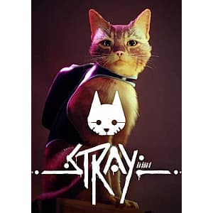 Stray PC game cover art featuring a cat in a neon-lit cybercity environment.