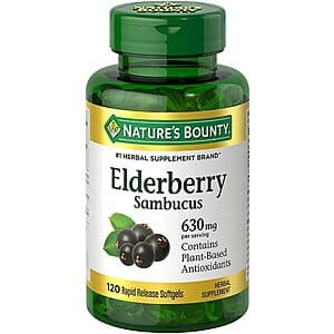 Nature's Bounty Sambucus Elderberry 630mg rapid release softgels bottle, 120-count, with black and gold labeling.