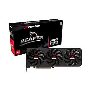 PowerColor Reaper AMD Radeon RX 9070 graphics card with 16GB VRAM, black and red cooling design.