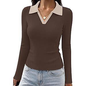 WIHOLL Women's Ribbed Long Sleeve Collared V-Neck Fitted Top (Various) $7