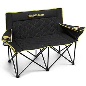 FanttikOutdoor Zeta L11 Duo Pro double camping chair with cup holders in black or khaki, shown with carry bag.