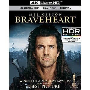 Braveheart 4K UHD and Blu-ray movie case featuring Mel Gibson in Scottish warrior attire with landscape backdrop.
