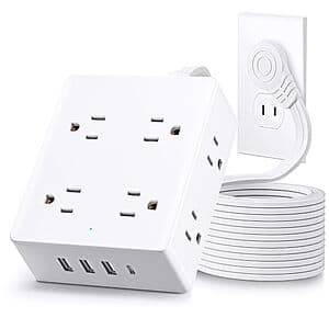 olcorife 2 Prong Flat Plug Power Strip w/ 5' Cord, 8x AC Outlets, 4x USB $10