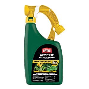 32-oz bottle of Ortho WeedClear Hose End Sprayer Concentrate lawn weed killer with spray nozzle attachment.