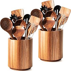 2-pk Criusia 360° Rotating Acacia Wood Cooking Utensil Crocks for Kitchen Counter $19
