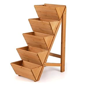 5-tier outdoor planter box made of solid wood with multiple shelves for displaying potted plants.