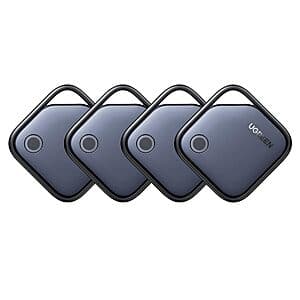 UGREEN FineTrack Air Tracker Tags 4-pack with four small white tracker tags and black keychain attachments.
