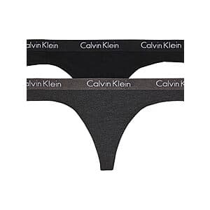 Two-pack of Calvin Klein Motive Cotton Thong Panty in Charcoal Heather and Black colorways.