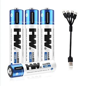 HW 4-Pack AAA USB-C Rechargeable Lithium Batteries w/ 4-in-1 Cable (1300mWh) $8.40