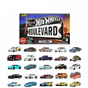 Hot Wheels 2024 Boulevard Premium 25-car set box showing assorted 1:64 scale die-cast vehicles with metal bodies and Real Riders tires.