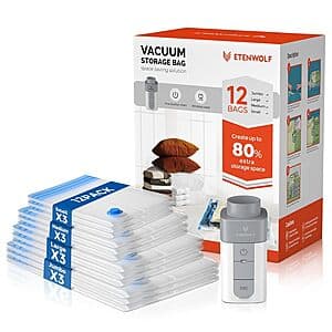12-Pk ETENWOLF Cordless Vacuum Storage Bags w/ USB-C Rechargeable Air Pump $13