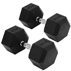 Pair of Flexwave 50 lb rubber hex dumbbells with non-slip grip, featuring a hexagonal design.