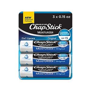 Three ChapStick original lip balm tubes with SPF 15 protection in classic red and white packaging.