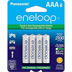 Eight Panasonic eneloop AAA rechargeable batteries (800mAh Ni-MH) in white and black packaging.