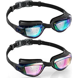 Two-pack of Aegend swim goggles for children in Aqua and Bright Rose colors with anti-fog lenses.