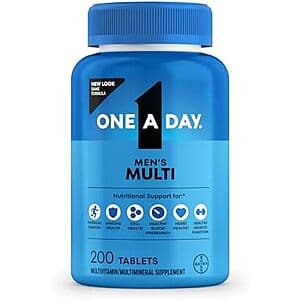 One-A-Day Men's Complete Multivitamin bottle with 200 tablets, blue and white packaging.