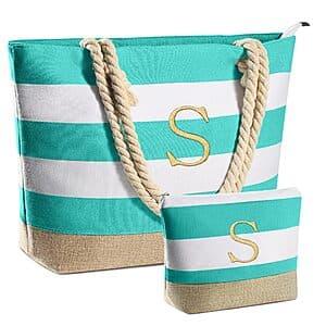 YOOLIFE Initial Canvas Beach Tote Bag w/ Cosmetic Pouch $11