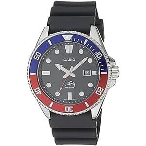 Casio MDV106B digital watch with round stainless steel case, black resin band, and square digital display face.