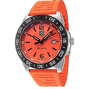 Luminox Pacific Diver men's quartz watch with 44mm stainless steel round case, orange rubber strap, and black dial.