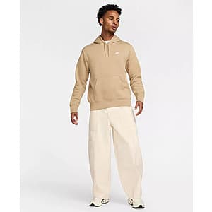 Parachute beige Nike Men's Pullover Fleece Logo Hoodie with Nike branding, displayed flat or on model in size S-2XL range.