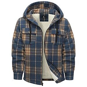 Jacketown Men's Plaid Sherpa Fleece-Lined Zip-Up Flannel Hooded Jacket (various) $15