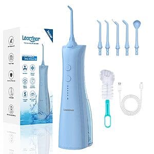 Leominor cordless rechargeable water dental flosser in black with 230mL capacity and 5 mode settings.