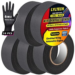 5-Count 50' x 3/4" Wire Harness Tape (Black) + 10-Count 6-Mil Black Nitrile Gloves $5.25