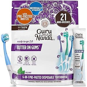 21-Ct GuruNanda Mini Disposable Toothbrushes w/ Pre-Pasted Bristles, Scraper & Floss $5.25 w/ S&S