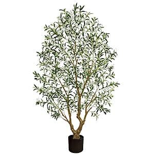 Premium artificial olive tree standing 6 feet tall with realistic green foliage and sturdy base, designed for indoor home decor.