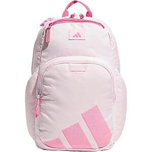 adidas Midway 28L backpack in clear pink and pink fusion with water-resistant polyester construction, featuring multiple zippered compartments for storage.