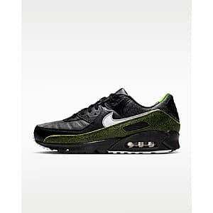 Black Nike Air Max 90 "Tiempo" shoe with black, voltage green, and white accents, side profile view.