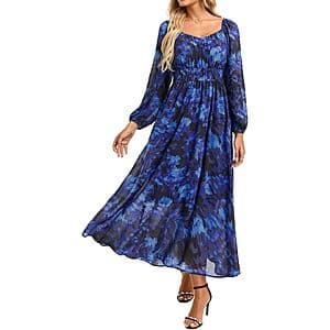 GRACE KARIN Women's Floral Long Sleeve Sweetheart Neck A-Line Maxi Dress $15.50