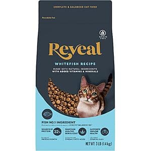 Three-pound bag of Reveal Whitefish Grain Free Complete Dry Cat Food with product branding and whitefish imagery on packaging.