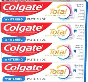 Four 5.1 oz tubes of Colgate Total Whitening Toothpaste in white and red packaging.
