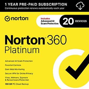 Norton 360 Deluxe 2026 antivirus software product box for 3 devices, digital download edition.