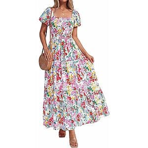 BTFBM women's floral short-sleeve casual A-line maxi dress with flowing fabric in limited color options.