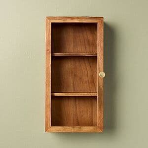 Acacia wood wall-mounted display box with 2 shelves, measuring 14 inches tall by 7 inches wide, in natural wood finish.