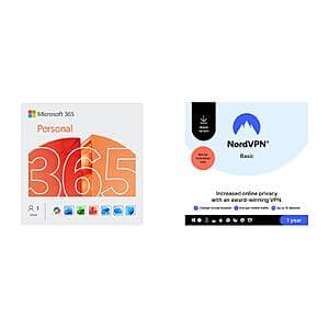 Microsoft 365 Personal software bundle packaging displayed with security software icons representing included VPN and antimalware protection options.
