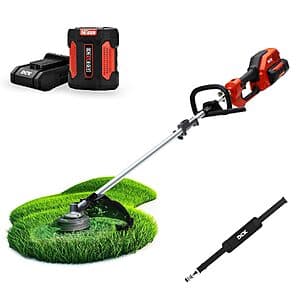 DCA 15-inch DCK 58V brushless cordless string trimmer with 4.0Ah battery and 5A charger included.