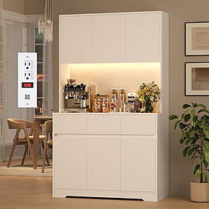 Homfa 70.9-inch tall kitchen pantry cabinet in white, gray, or blue with three drawers, integrated charging station, and LED lighting.