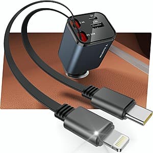 RAMPOW 65W Car Charger w/ Retractable USB-C / Lightning Cables & Dual USB Ports $10