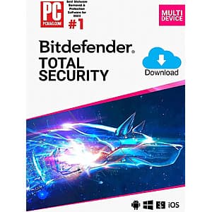 Bitdefender Total Security 2026 software package interface showing multi-device protection for 5 computers.