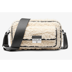 Michael Kors Bradshaw Faux Shearling Camera Crossbody Bag in olive colour with adjustable crossbody strap.