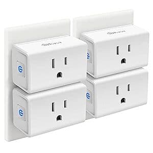 Four compact white Kasa Smart Plug Ultra Mini outlets with 15A capacity and integrated Wi-Fi connectivity.